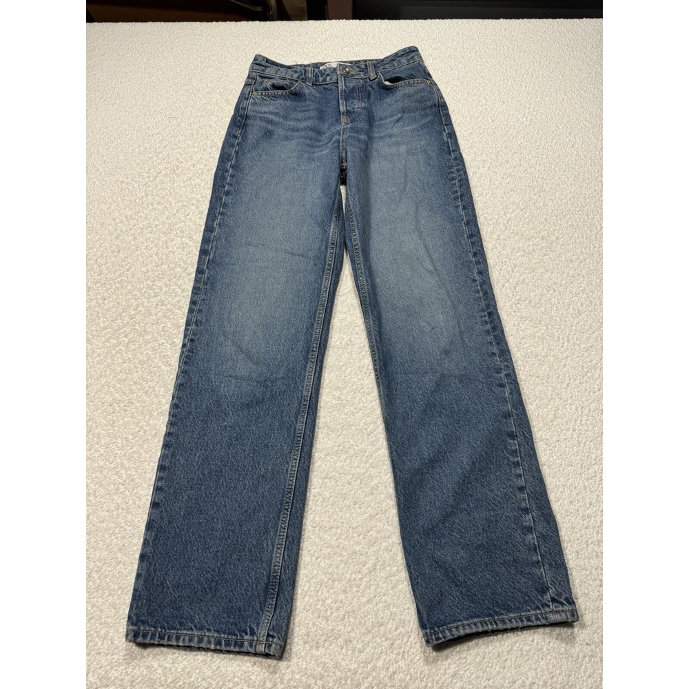Zara Women's Jeans High Waisted Wide Leg Blue Denim Button Closure Classic Sz 0